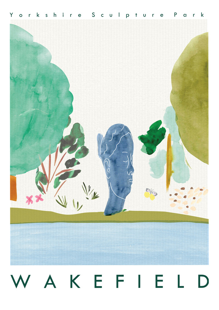 This travel poster of the Yorkshire Sculpture Park, near Wakefield in Yorkshire was created from an original drawing & painting by artist Holly Francesca.
