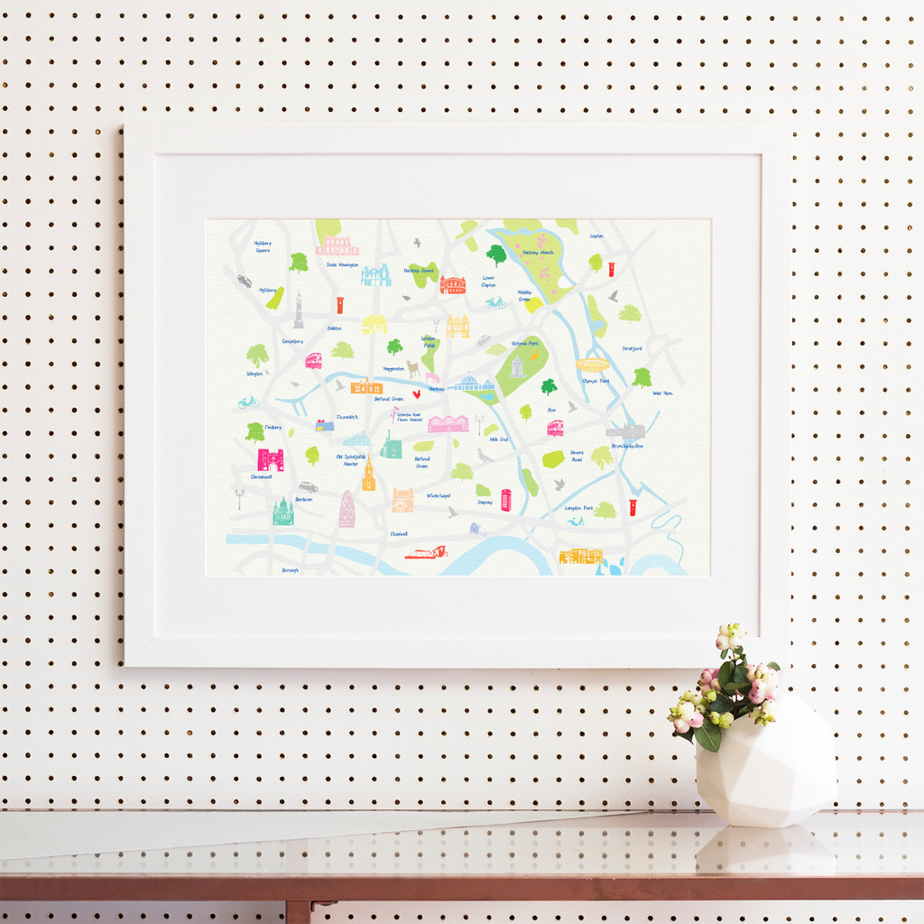 Illustrated hand drawn Map of East London (larger area) art print by