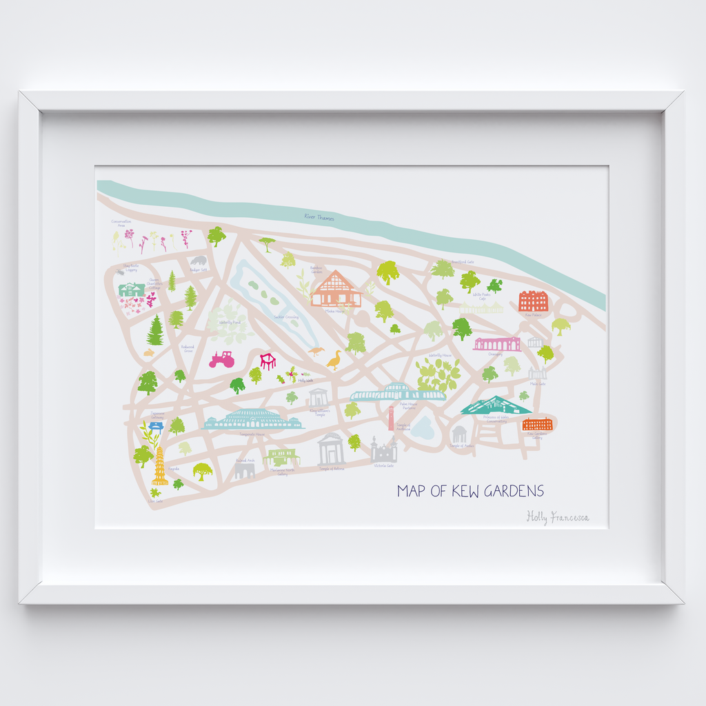 Illustrated hand drawn Map of Kew Gardens art print by artist Holly Francesca.