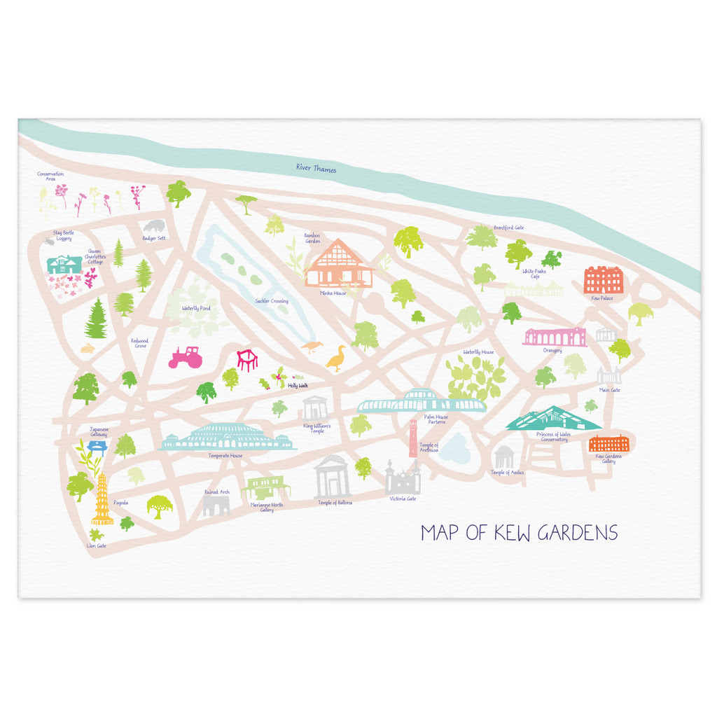 Illustrated hand drawn Map of Kew Gardens art print by artist Holly Francesca.