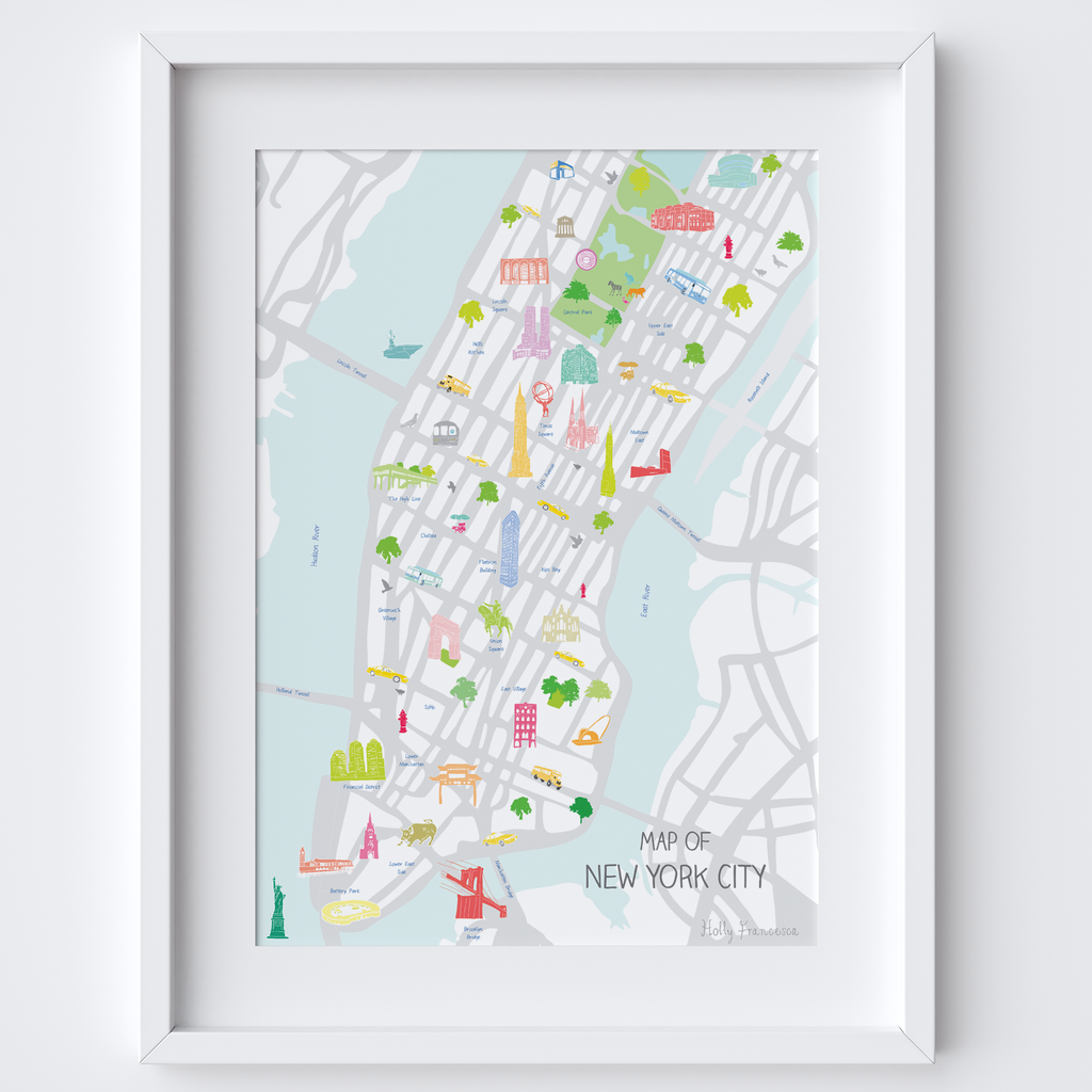 Illustrated hand drawn Map of New York City art print by artist Holly Francesca.
