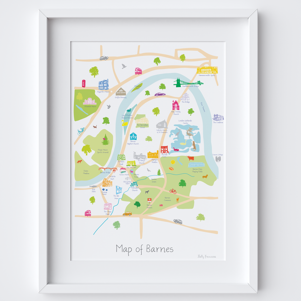 Barnes, South West London, London, Map, Iconic,River thames, art print, city, illustration