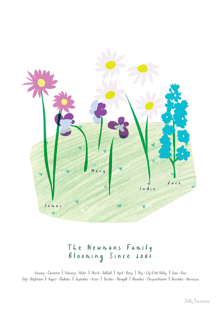 Personalised Family Birth Flower Art Print. Original hand drawn illustrations by artist Holly Francesca