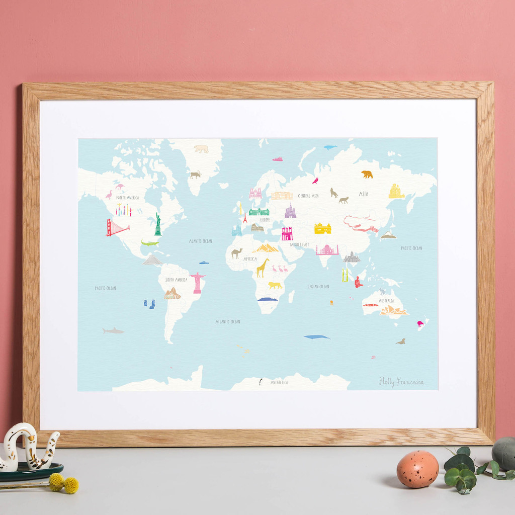 Illustrated hand drawn Map of the World art print by artist Holly Francesca.