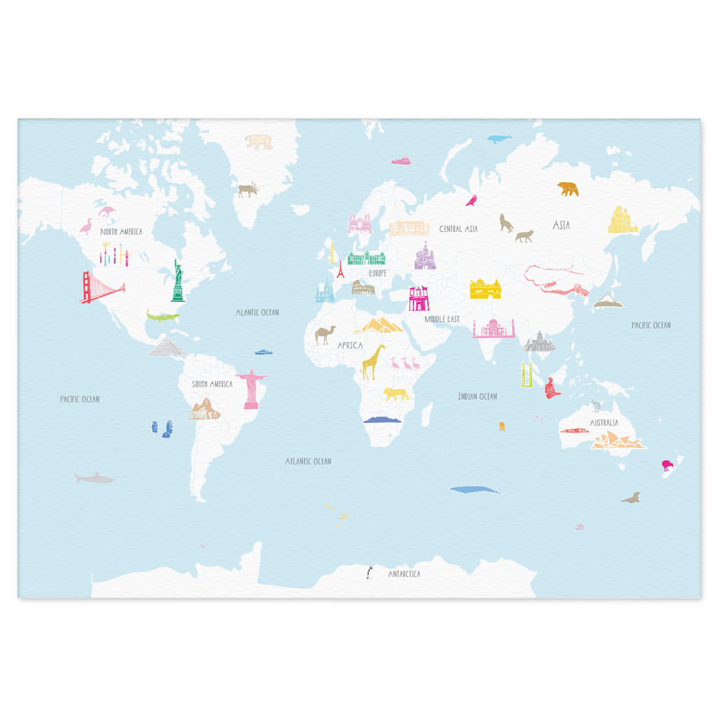 Illustrated hand drawn Map of the World art print by artist Holly Francesca.