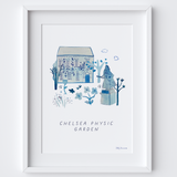 This travel poster of the House & Statue at Chelsea Physic Garden was created from an original drawing & blue ink painting by artist Holly Francesca.