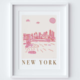 New York City, USA Pink Cityscape Scene Art Print by Illustrator Holly Francesca