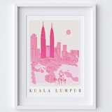 Kuala Lumpur, Malaysia Pink Cityscape Scene Art Print by Illustrator Holly Francesca