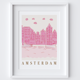 Amsterdam, Netherlands Pink Cityscape Scene Art Print by Illustrator Holly Francesca