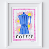 Moka Pot Coffee Art Print - Watercolour Collage Poster by artist Holly Francesca