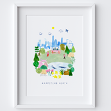 This travel poster of Hampstead Heath Scene, View from Parliament Hill - North London was created from an original drawing by artist Holly Francesca.