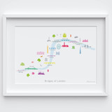 Illustrated hand drawn Map of the Bridges of London art print by artist Holly Francesca.