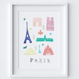 Illustrated papercut Paris landmark buildings art print by artist Holly Francesca.