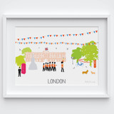 Illustrated hand drawn Buckingham Palace, London scene art print by artist Holly Francesca.