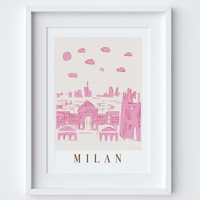 Milan, Italy Pink Cityscape Scene Art Print by Illustrator Holly Francesca