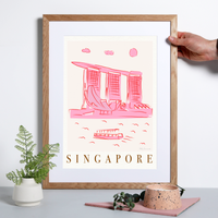 Singapore Pink Cityscape Scene Art Print by Illustrator Holly Francesca