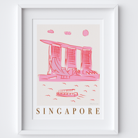 Singapore Pink Cityscape Scene Art Print by Illustrator Holly Francesca