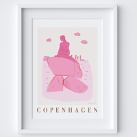 Little Mermaid, Copenhagen Pink Cityscape Scene Art Print by Illustrator Holly Francesca