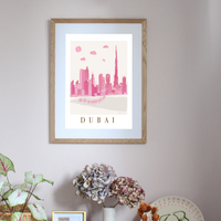 Dubai, UAE Pink Cityscape Scene Art Print by Illustrator Holly Francesca