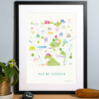 Illustrated hand drawn Map of Chiswick by UK artist Holly Francesca.