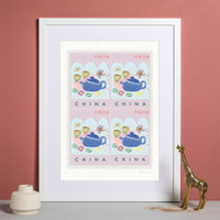 Illustrated Chinese Postage Stamp Art Print by artist Holly Francesca