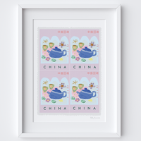 Illustrated Chinese Postage Stamp Art Print by artist Holly Francesca