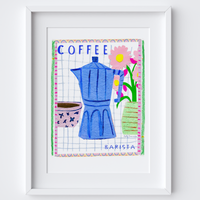 Good Morning Coffee Barista Art Print - Watercolour Collage Poster by artist Holly Francesca