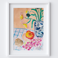 Peach, Shell & Vase Art Print - Watercolour Still Life Poster by Holly Francesca