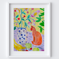 Cat & Vase Art Print - Watercolour Pastels Poster