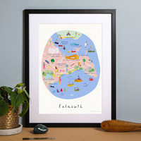 Framed Map of Falmouth in Cornwall. Created by artist, Holly Francesca.