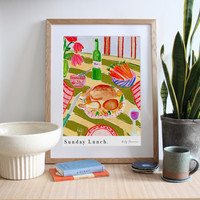 Roast Dinner Sunday Lunch Art Print - Watercolour Pastel Poster by artist & illustrator Holly Francesca