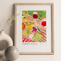 Wine & Cheese Summer Picnic Art Print - Watercolour Pastel Poster by artist & illustrator Holly Francesca