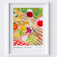 Wine & Cheese Summer Picnic Art Print - Watercolour Pastel Poster by artist & illustrator Holly Francesca