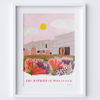 This travel poster of The Hepworth Wakefield, West Yorkshire was created from an original drawing by artist Holly Francesca.
