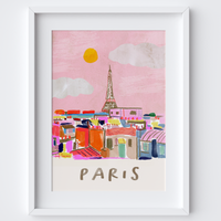 This travel poster of Paris Rooftops & Pink skies was created from an original drawing by artist Holly Francesca.