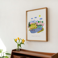This travel poster of Hampstead Heath Skyline, View from Parliament Hill - North London was created from an original drawing by artist Holly Francesca.