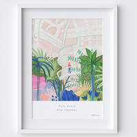 This travel poster of Palm House, Royal Botanic Kew Gardens - South West London was created from an original drawing by artist Holly Francesca.