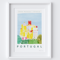 This travel poster of Palácio da Pena (National Palace of Pena) - Sintra, Portugal was created from an original drawing by artist Holly Francesca.
