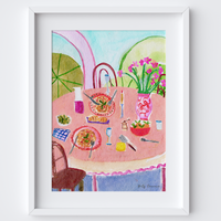 Italian Pasta 'Al Fresco' Table Scene Art Print - Watercolour Pastel Poster by artist Holly Francesca