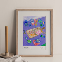 Sushi Japanese Table Scene Art Print - Watercolour Pastel Poster by artist Holly Francesca