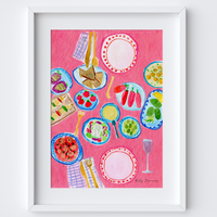 Greek Meze Table Scene Art Print - Watercolour Pastel Poster by artist Holly Francesca