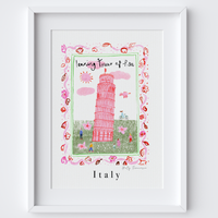 Leaning Tower of Pisa, Italy - Italian Landmark Travel Print created from an original drawing by artist Holly Francesca.