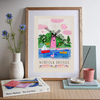 Windmill & Boats in the Norfolk Broads Art Print created from an original drawing