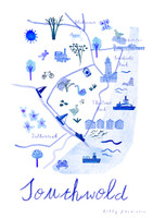 Southwold Map, Suffolk Coast - Blue Landmarks Travel Art Print by UK artist & illustrator Holly Francesca