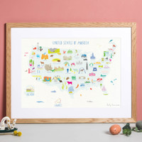 Illustrated hand drawn Map of USA States art print by artist Holly Francesca.