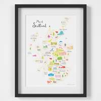 Illustrated hand drawn Map of Scotland by UK artist Holly Francesca.