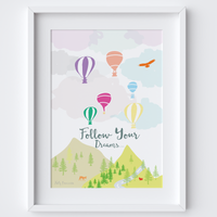 Illustrated hand drawn Follow your Dreams scene art print by artist Holly Francesca.