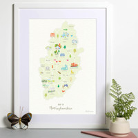 Map of Nottinghamshire The Midlands England framed print illustration