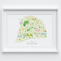 Illustrated hand drawn Map of Richmond Park by UK artist Holly Francesca.