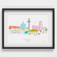 Illustrated hand drawn Liverpool Skyline Cityscape art print by artist Holly Francesca.